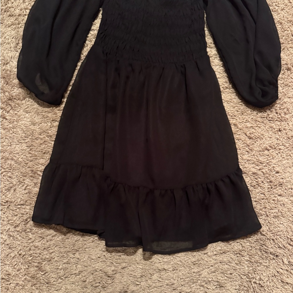 Express Sz Small Black Off or On Chifon Shoulder Mini Dress w/ rouching, ruffles - Picture 6 of 10